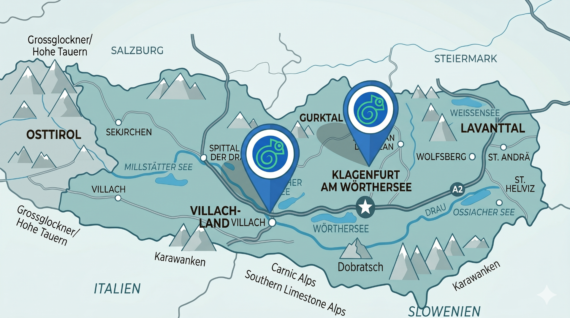 Schematische Karte von Kärnten mit Eco-Jet Standorten in Klagenfurt und Villach